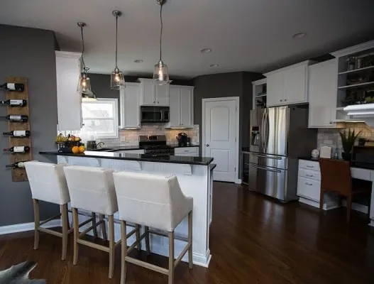 painted Gauntlet Gray Kitchen walls with white cabinets