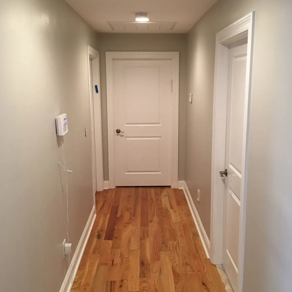 agreeable gray paint color on walls in hallway with two doors