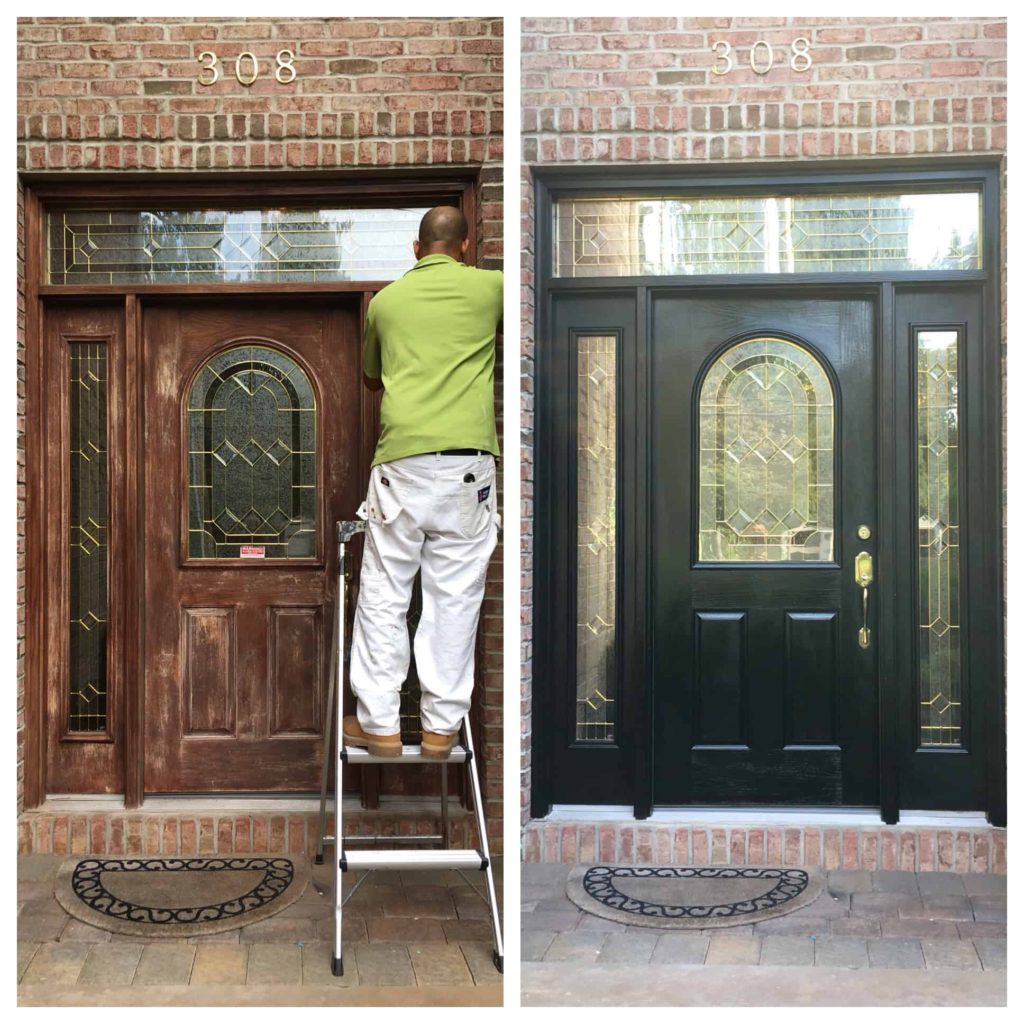 front door before and after- man on ladder painting door black
