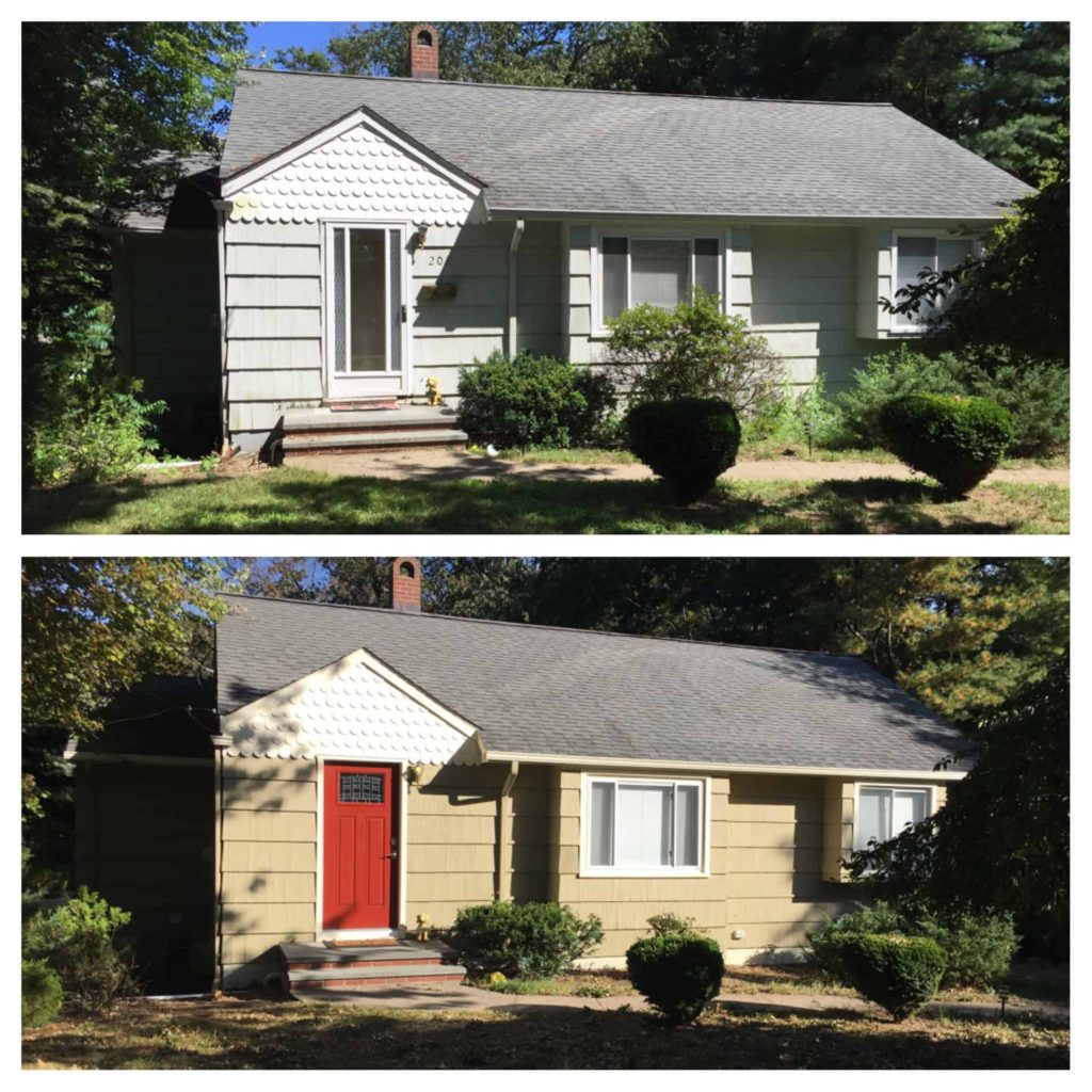 exterior of a home before and after, painted white to painted beige with orange front door