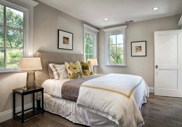 Stonington-gray painted walls in bedroom with cozy bed 
