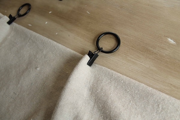 black curtain clips on drop cloth curtain