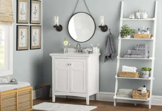 bathroom with gray walls and white vanity