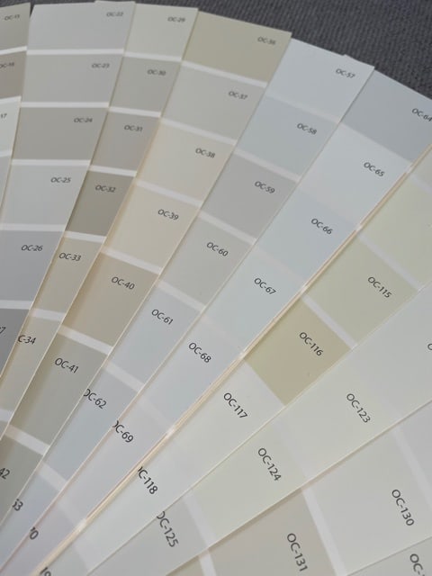 Benjamin Moore off-white paint colors - try wall samples before deciding.