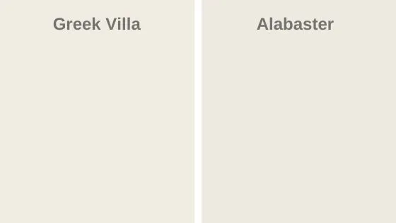 side by side swatches of Greek Villa and Alabaster