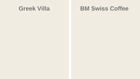 side by side comparisons of the paint colors Greek Villa vs BM Swiss Coffee 