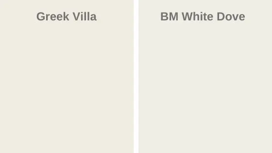side by side comparisons of the paint colors Greek Villa vs BM White Dove