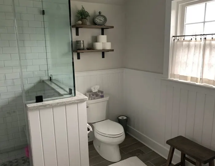 painted Classic Gray Bathroom walls with shower and toilet