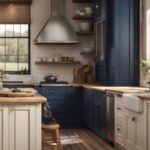 two toned white and navy Farmhouse kitchen cabinets