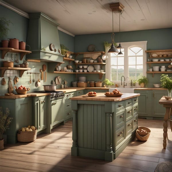 green kitchen cabinets in a farmhouse style kitchen