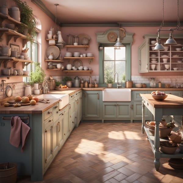 Pastel farmhouse kitchen with green cabinets and pink walls