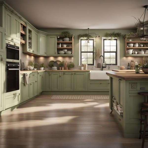 sage green kitchen cabinets in a farmhouse style kitchen