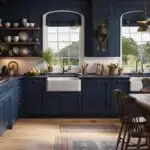 rich navy blue Farmhouse kitchen cabinets with wood floors