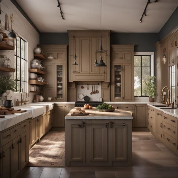 farmhouse kitchen with neutral tan kitchen cabinets