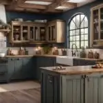 rustic green and wood Farmhouse kitchen cabinets
