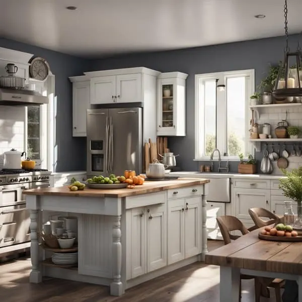 farmhouse style kitchen with white cabinets and blue walls