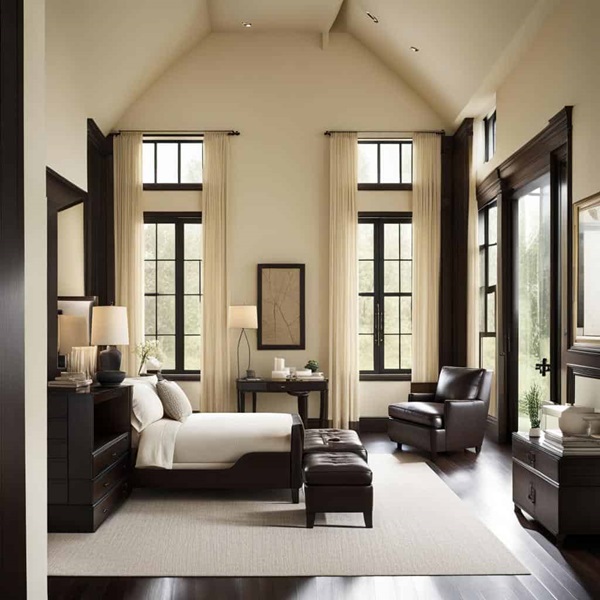bedroom with cream coloered walls and dark trim