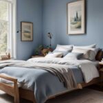 dusty blue gray painted bedroom walls with bed