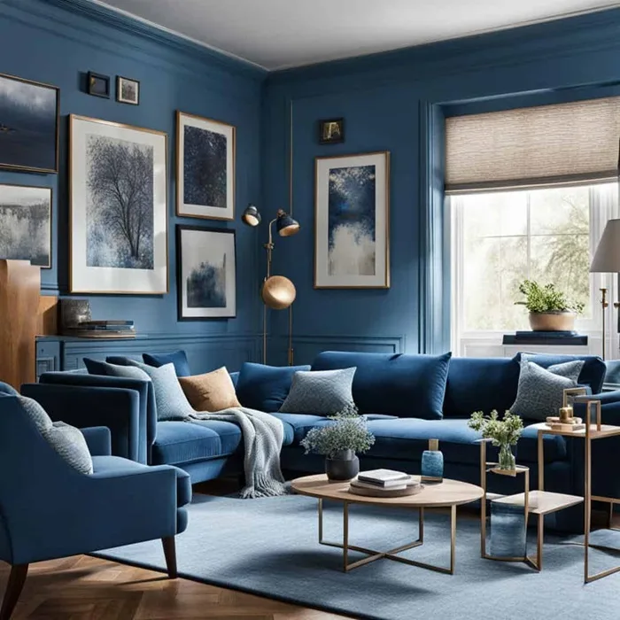 blue color drenched living room