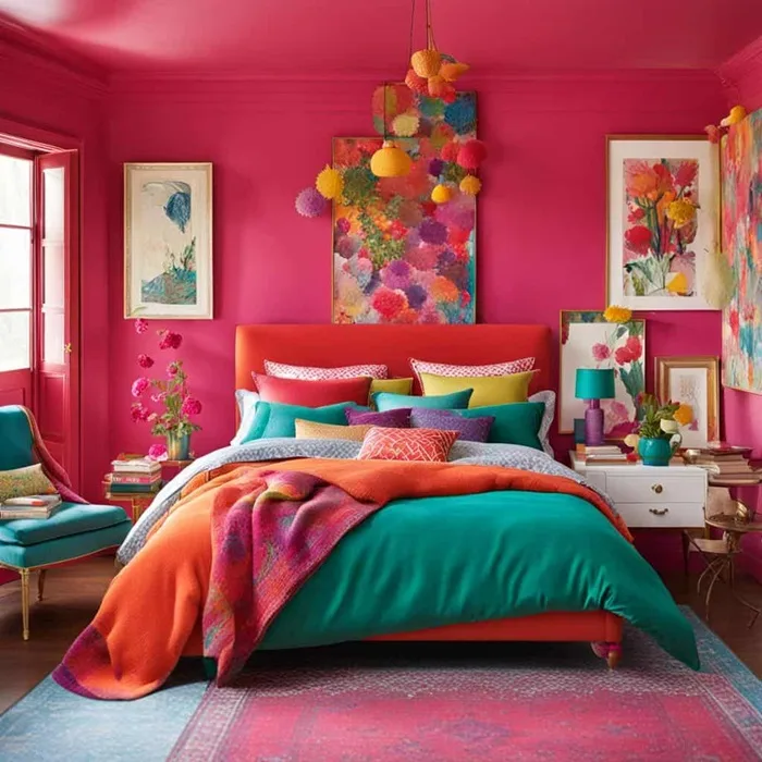 bright pink color drenched bedroom