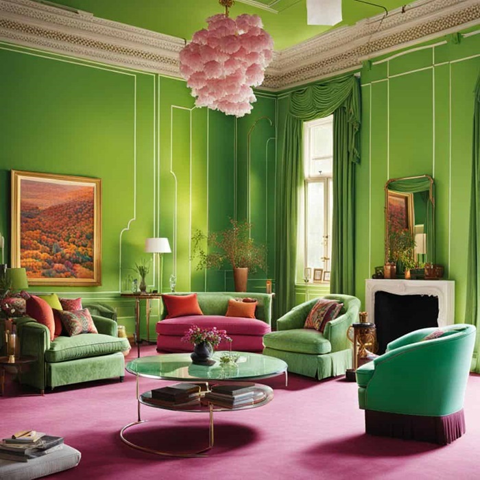 green color drenched living room