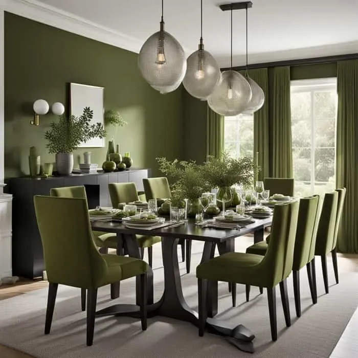 olive green color drench dining room