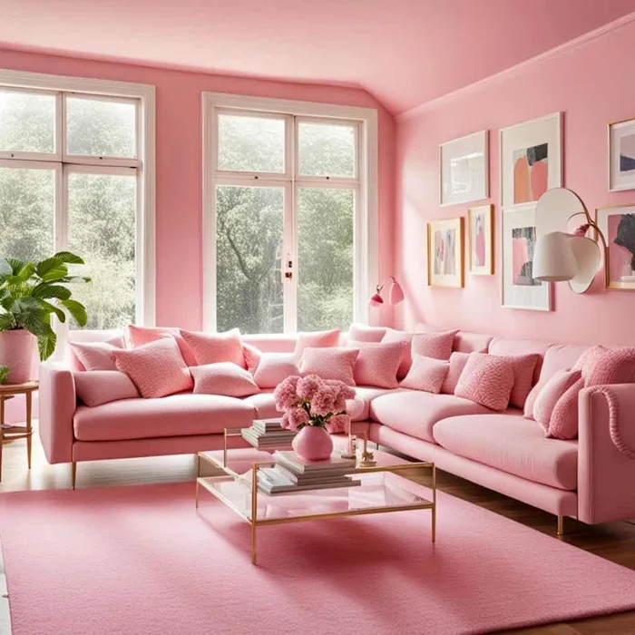 pink color drenched living room