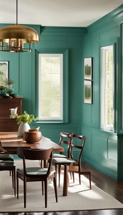 teal color drench dining room