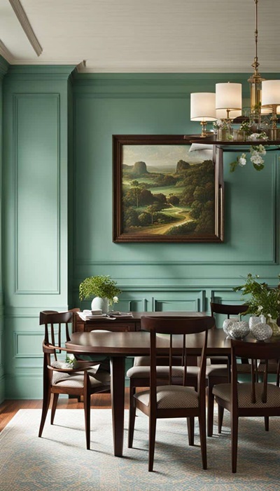 teal color drenched dinig room
