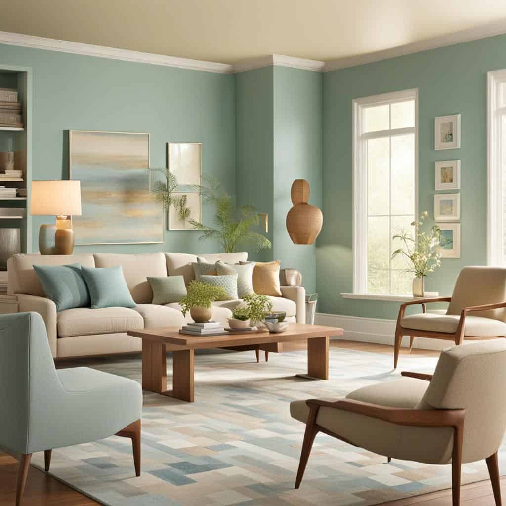 living room with like green blue walls and tan couch