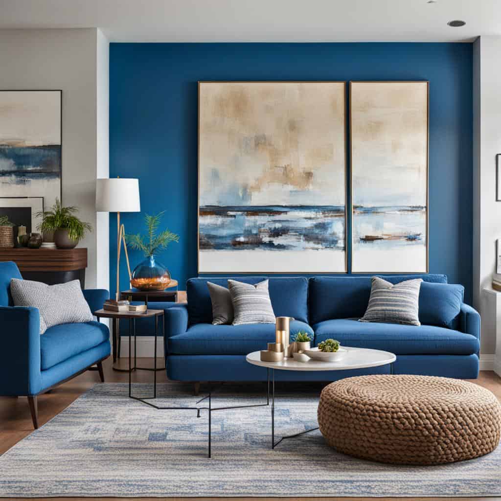living room with royal blue couch anda accent wall