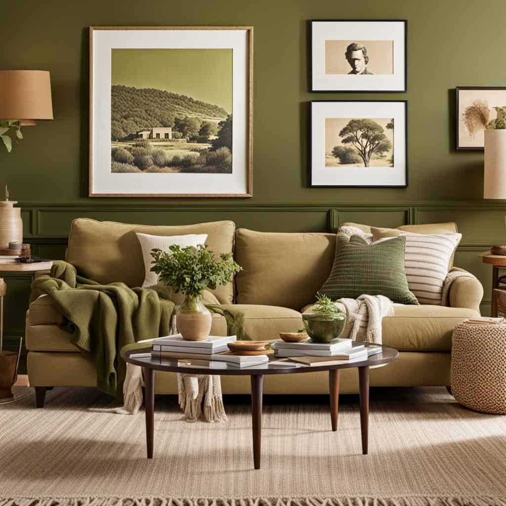living room with tan couch and olive green walls