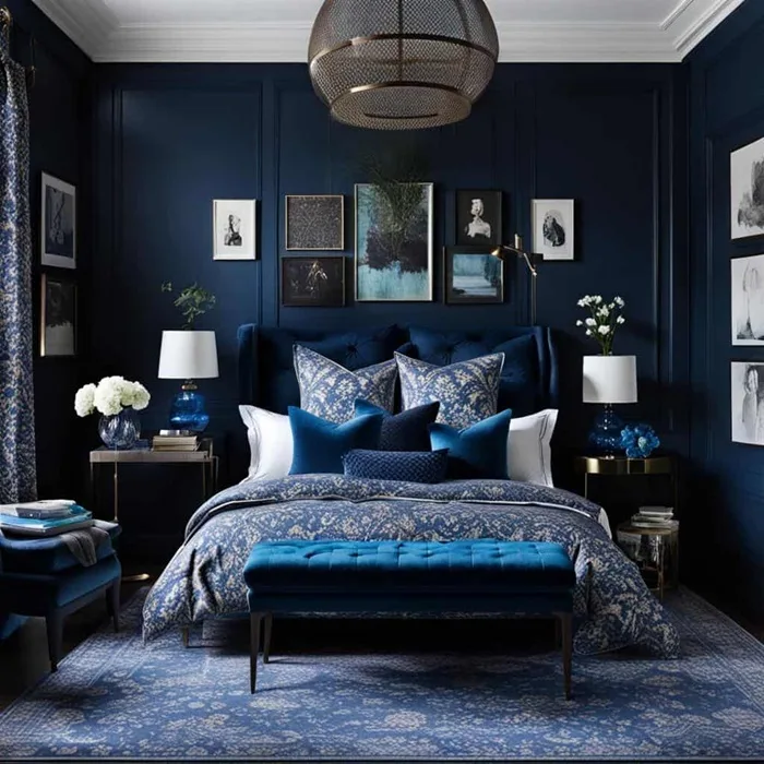 Dark feminine blue bedroom with bed