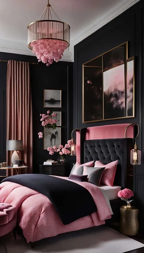Dark feminine pink bedroom with bed