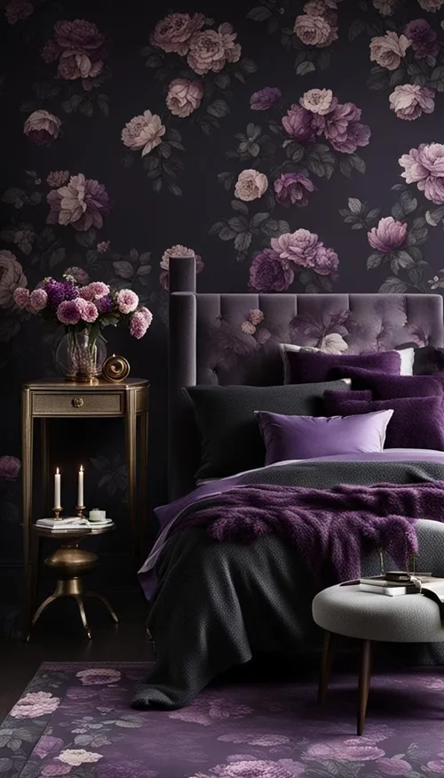 Dark feminine purple bedroom with bed