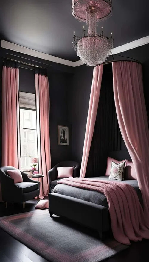 Dark feminine bedroom with bed 