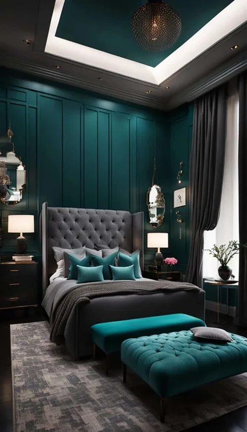 Dark feminine teal bedroom with bed