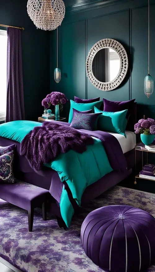 Dark feminine teal and purple bedroom with bed