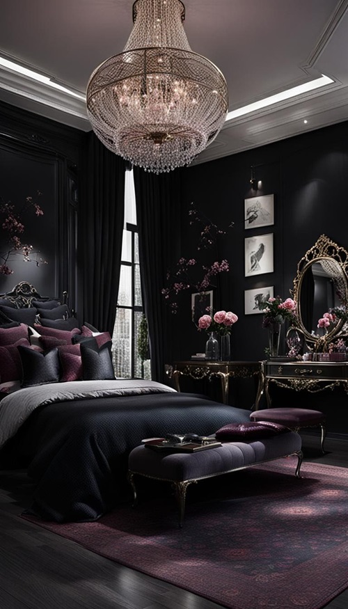 Dark feminine bedroom with bed