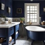 navy blue bathroom with tub and vanity