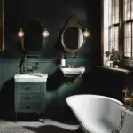 bathroom with dark walls and 2 sinks an a tub