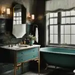 mood bathroom with teal vanity and tub