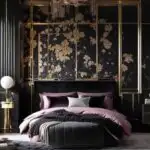 dark feminine bedroom with large bed and wall paper on the wall