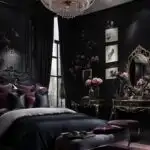 dark feminine bedroom with bed and large light fixture