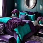 purple and teal bedroom with bed and mirror above the bed