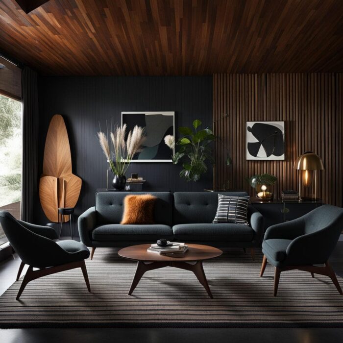 dark midcentry modern living room with dark furniture