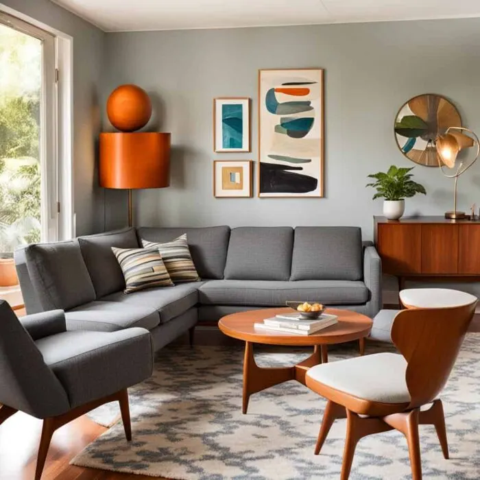sall midcentry modern living room with gray sectional couch, chairs, art and orange light