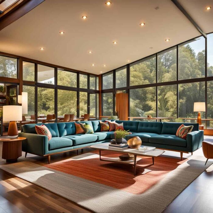 large midcentry modern living room with large teal sectional couch and windows