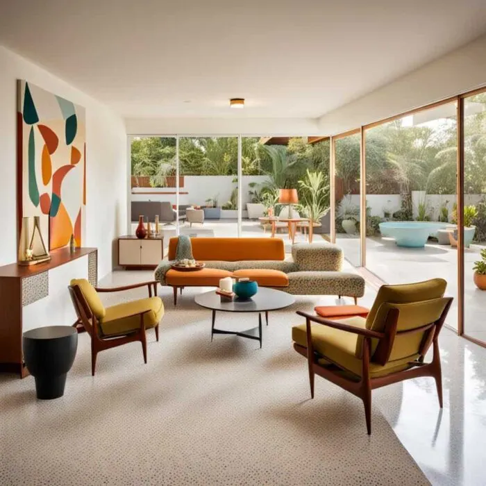 midcentry modern living room with large windows and orange couch