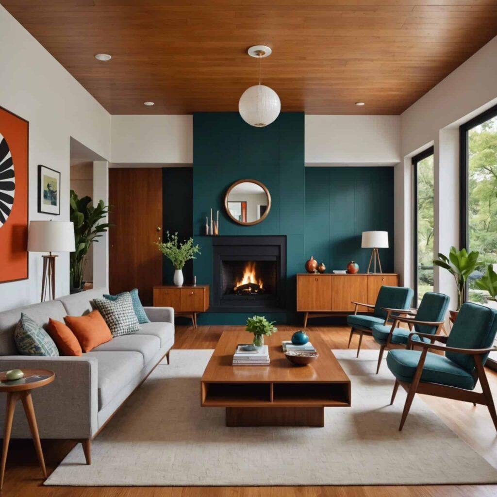 midcentry modern living room with green wall and fire place